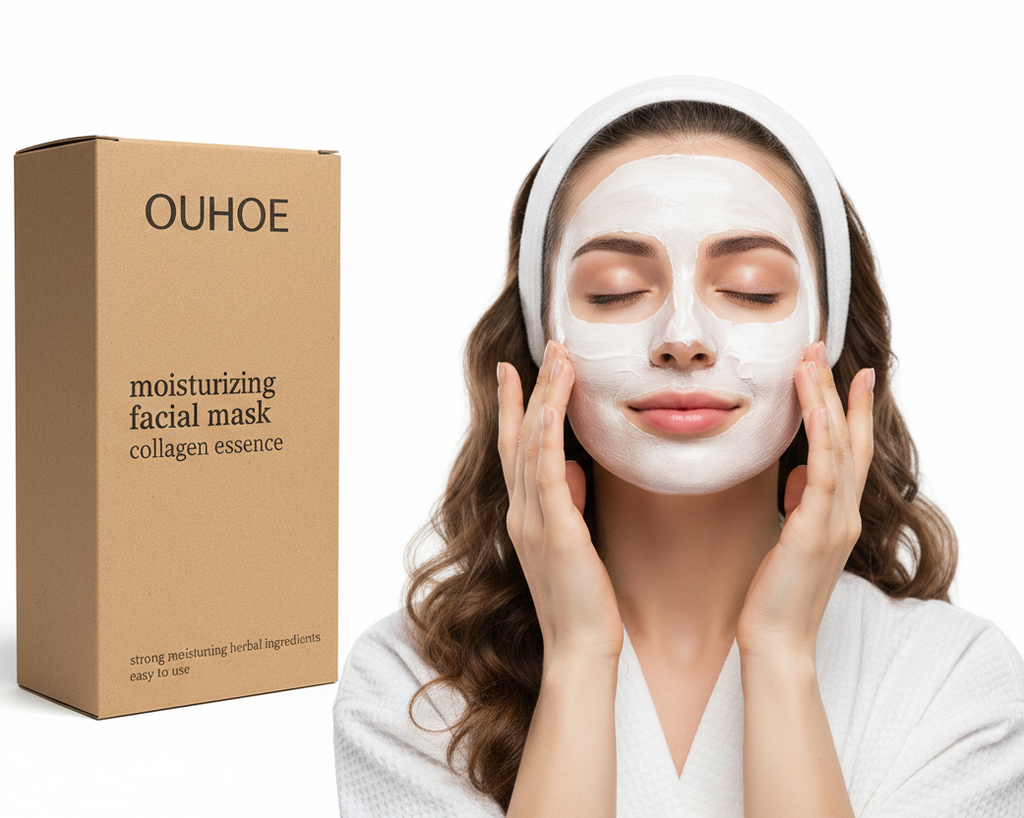 keep the box but replace the bottle and brush and add a model applying the face mask to her face